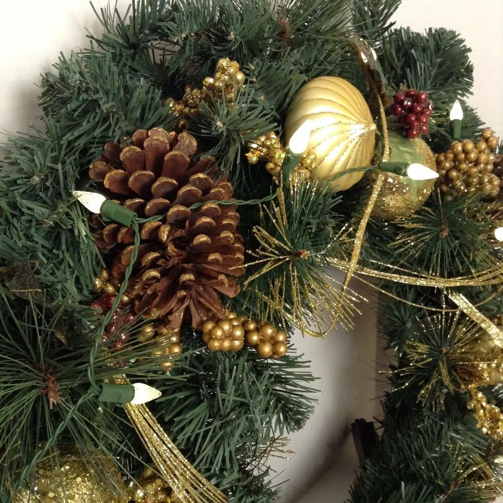 Christmas Wreath PreLit Green/Gold Pine Cones Balls Glamour Front Door Wall 23